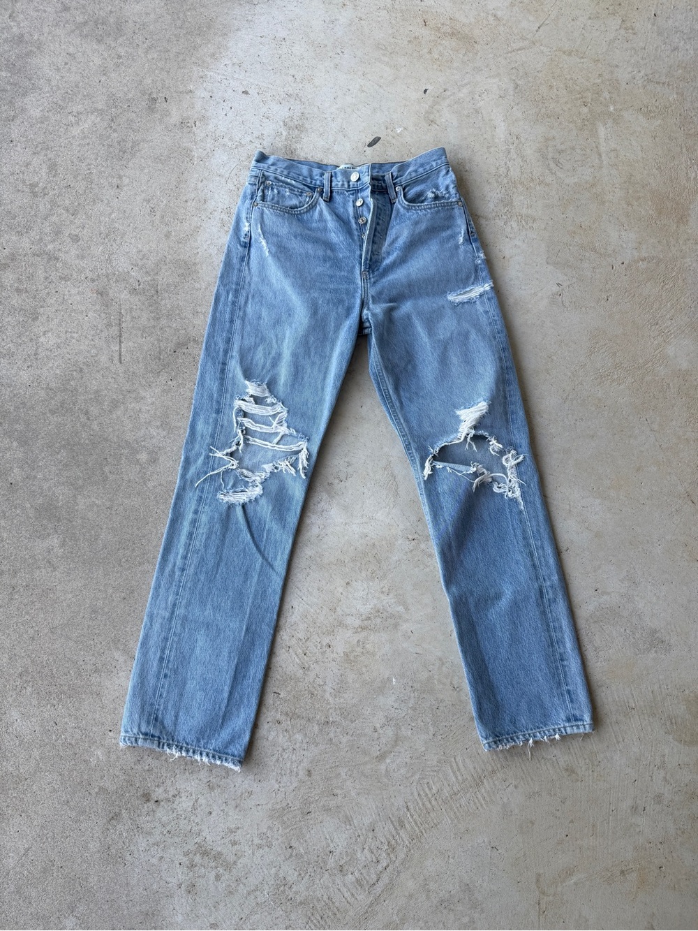 AGOLDE Size 25 Distressed High Rise Straight Leg Jeans Raw Hem Button FlyPremium